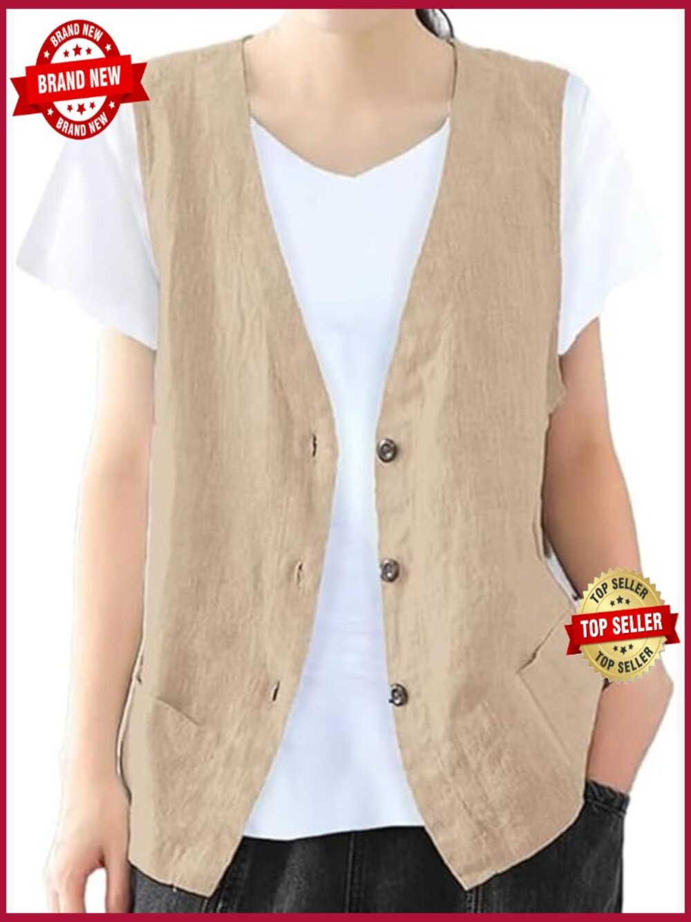 Casual sleeveless blazer women cotton linen vest V neck button front